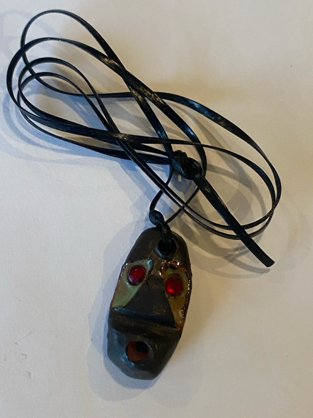 Handmade Tribal Mask polymer Pendant Necklace on black tie cord